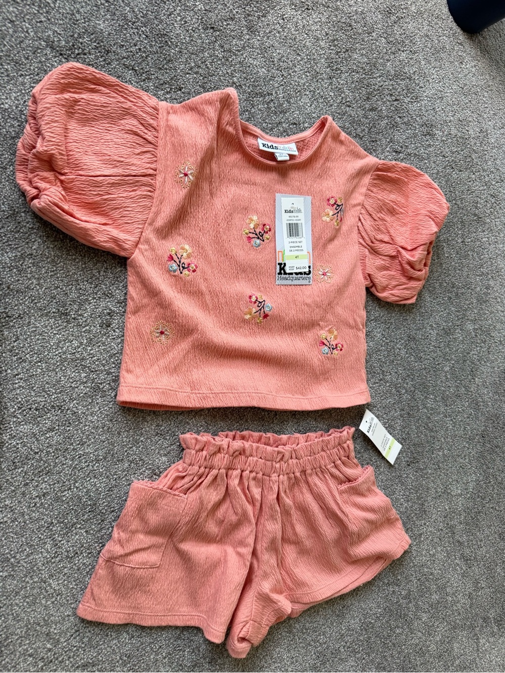 Kids Headquarters Peach Embroidered Floral Girls Dress